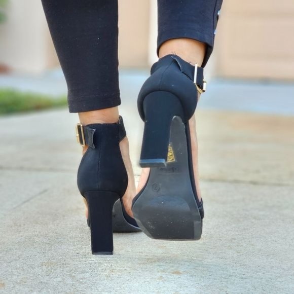 Women's Black Nubuck Ankle Strap Block Heel Dress Sandals - Picture 4 of 6